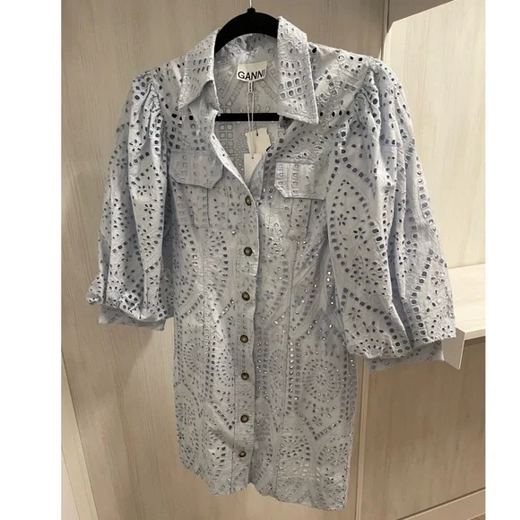 Ganni NWT Balloon-Sleeve Broderie Anglaise Mini Shirt Dress (Size 34) - Picture 7 of 8